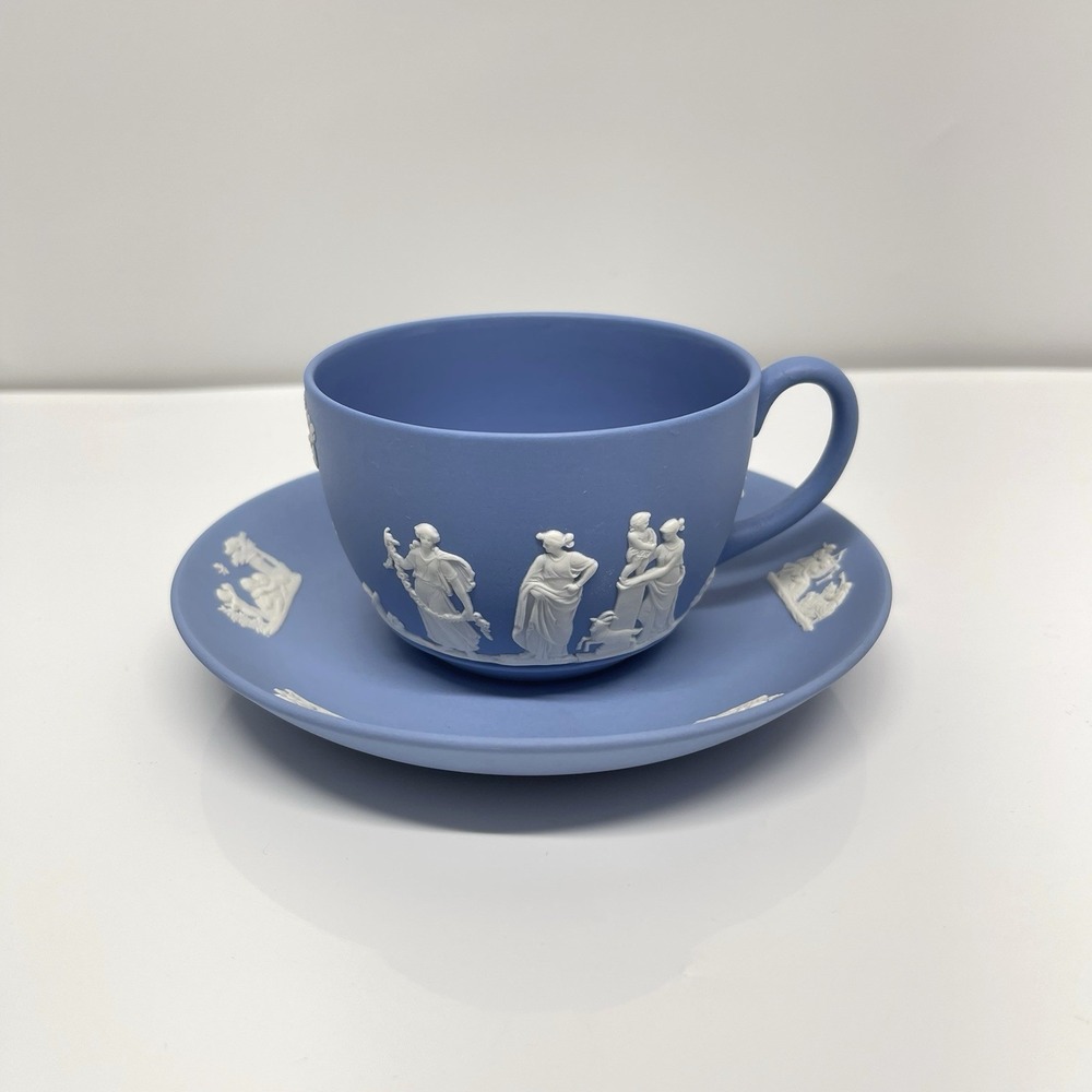 Vintage‎ 1957 Wedgewood Jasperware Pale Blue Demitasse Tea Cup & Saucer England